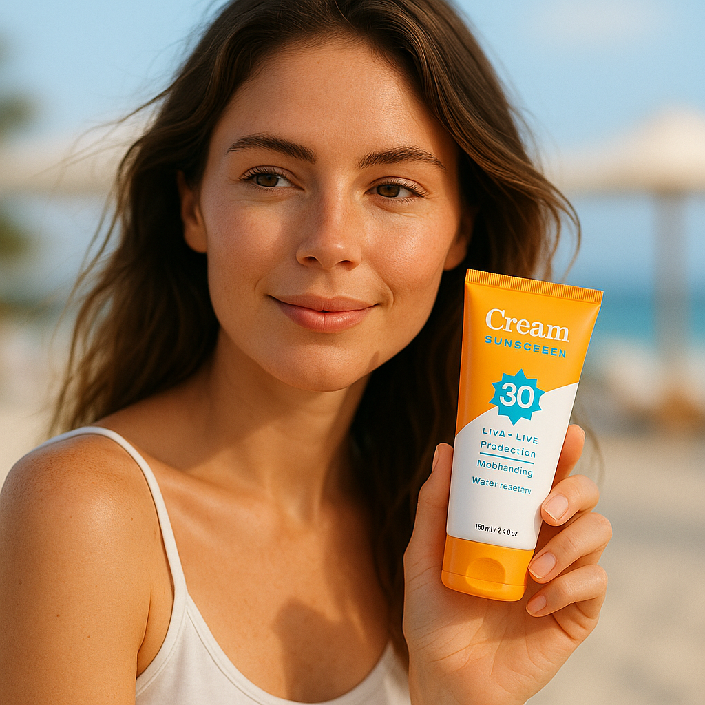 Sunscreen on beach towel at sunset